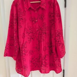 Alfred Dunner Womens Coral Pink/Black Floral Print Button Up Blouse Size 22W